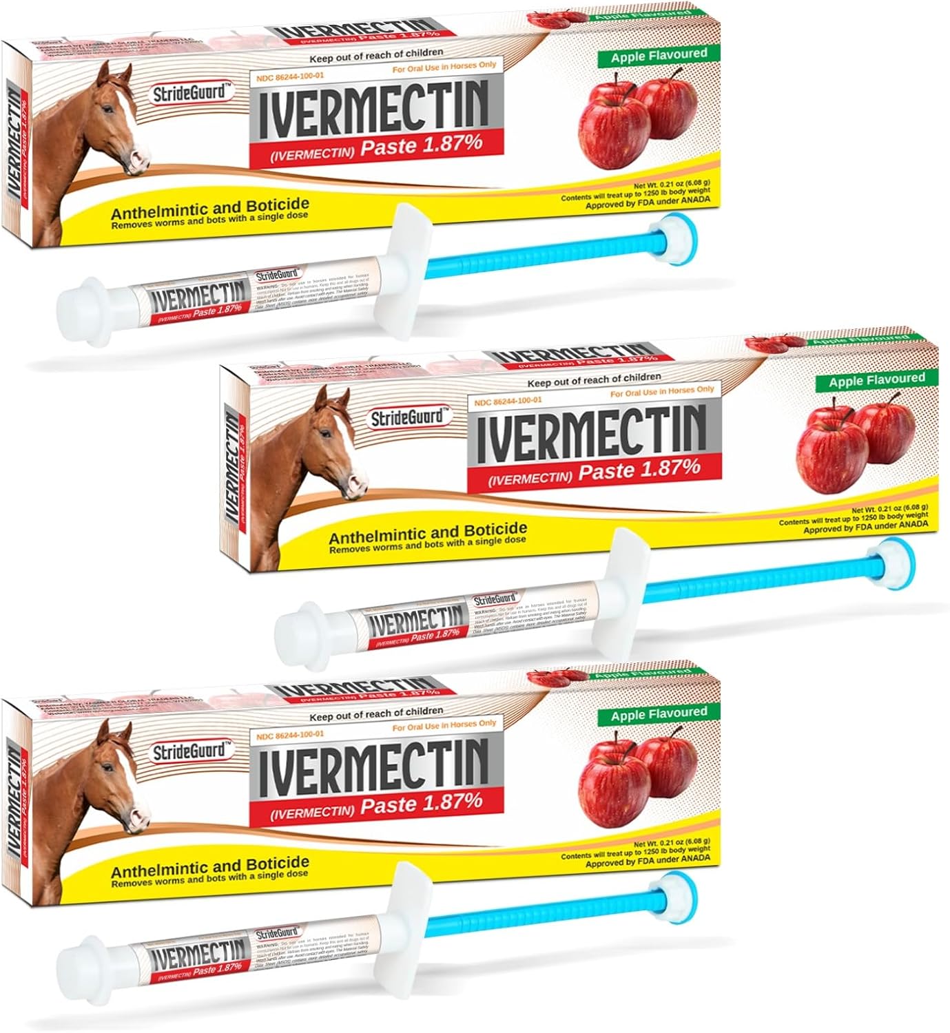 StrideGuard Ivermectin Paste 1.87% for Horses | 3-Pack | Apple Flavored